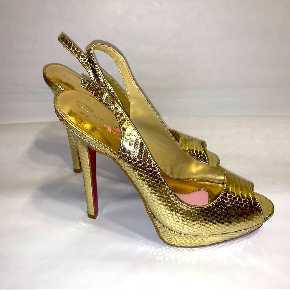 Paris Hilton Gold Snakeskin Print Heels